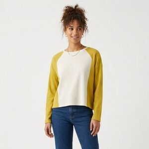 Zara Sweater Womens Medium White Yellow Ribbed Knit Sweatshirt Top